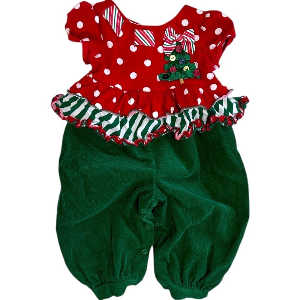 Vintage Bonnie Baby Toddler Girl Christmas Bubble Jumpsuit Outfit Christmas Tree